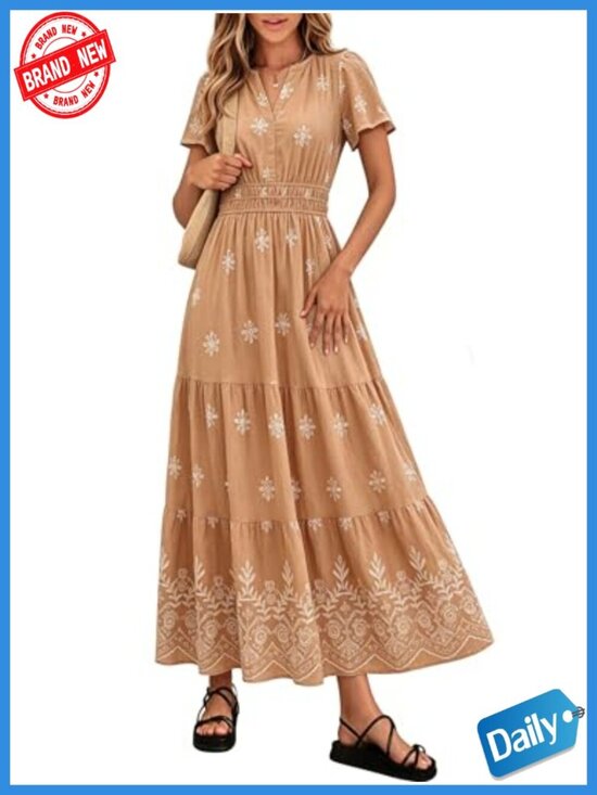 Dresses & Skirts - Boho Maxi Dress V-Neck Short Sleeve Floral Tiered Flowy Wedding Guest
